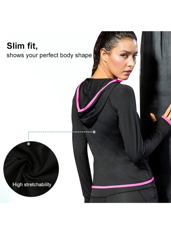Zipper Pocket Stretchy Quick-Dry Sportswear Hooded Jacket Black - Image 2