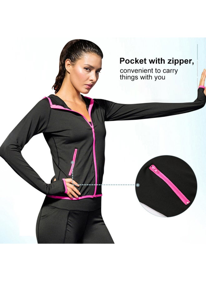 Zipper Pocket Stretchy Quick-Dry Sportswear Hooded Jacket Black - Image 4