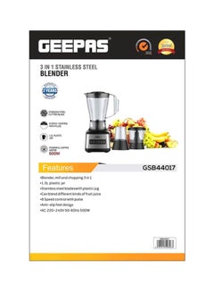 جيباس خلاط من الستانلس ستيل 3 في 1 1.5 L 500 W GSB44017 أسود/ فضي/ شفاف  - Image 4