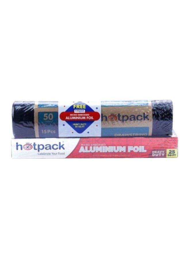 Hotpack Pack of 15-Piece Drawstring Garbage Roll Black 75x103cm 50 Gallon+Embossed Aluminium Foil 25sqft Black 75x103cm  - Image 1