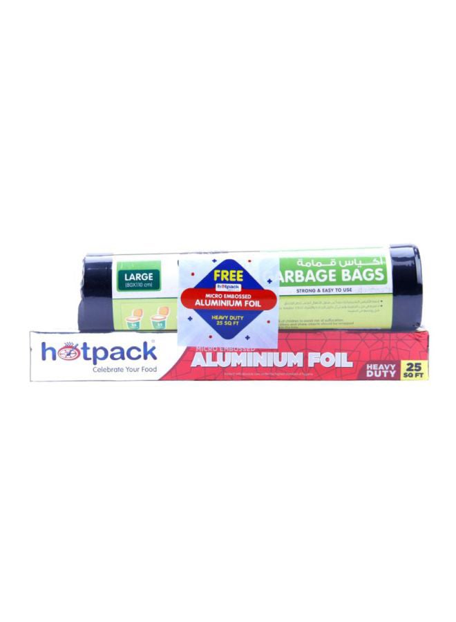 Hotpack Pack of 15-Piece Heavy Duty Garbage Roll Black Large 80x110cm 55 Gallon+Embossed Aluminium Foil 25sqft Black 80x110cm  - Image 1