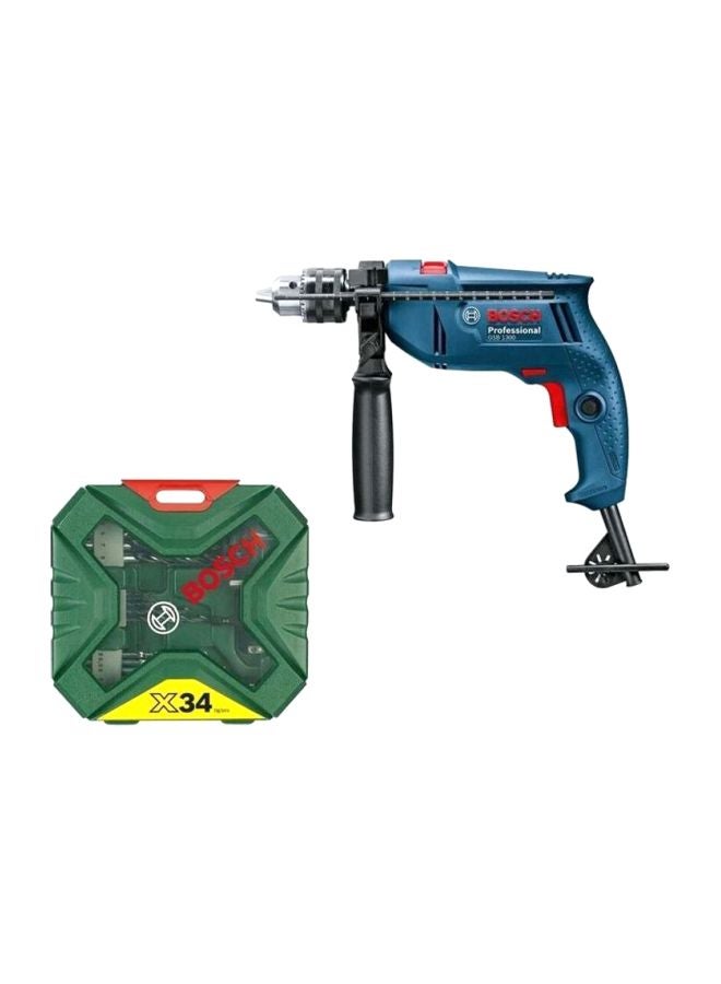 BOSCH Gsb 1300 Professional Corded Impact Drill + 34 pcs X-Line Classic DrillAnd Screwdriver Bit Blue/Black  - Image 1