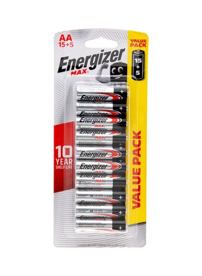 Energizer 20-Piece Max Alkaline Battery AA Silver/Red/Black