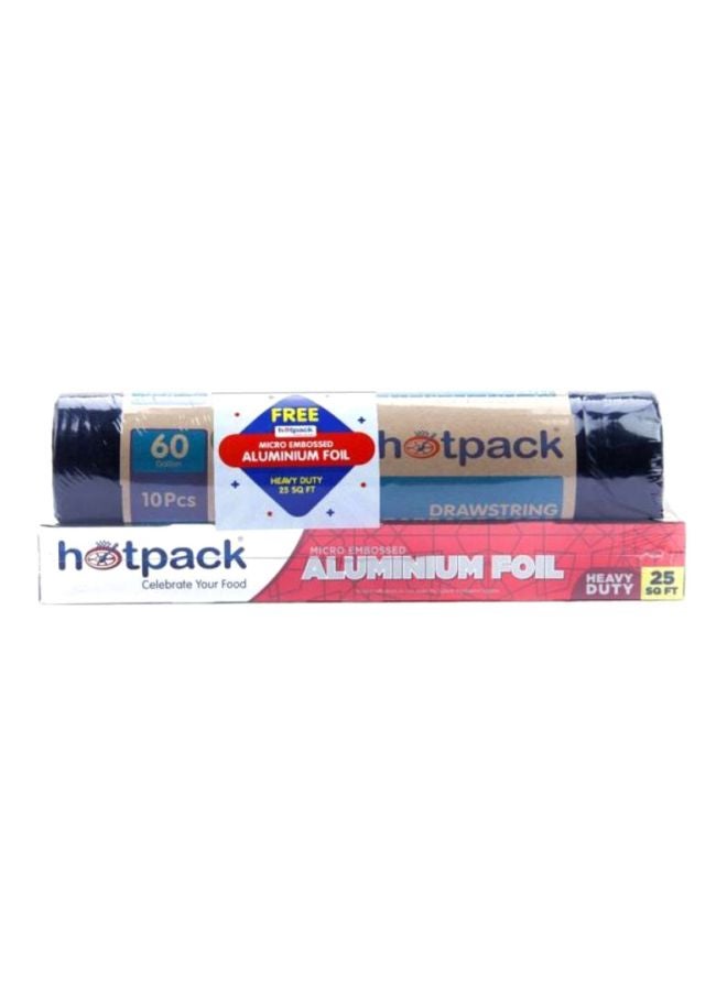Hotpack Pack of 10-Piece Drawstring Garbage Roll Black 90x110cm 60 Gallon+ Embossed Aluminium Foil 25sqft Black 90x110cm  - Image 1