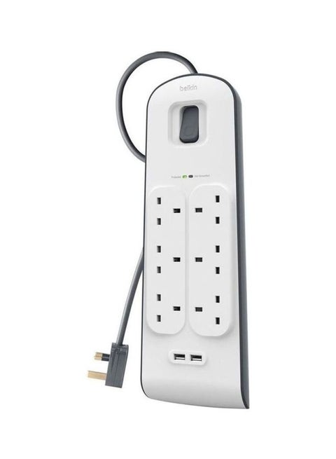 6 Way Surge Protection Strip-2M With 2x2.4 Amp USB Charging White