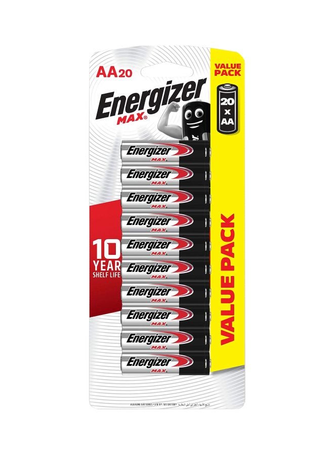 Energizer Pack Of 20 Max 1.5V Alkaline AA Batteries Silver/Black - Image 1