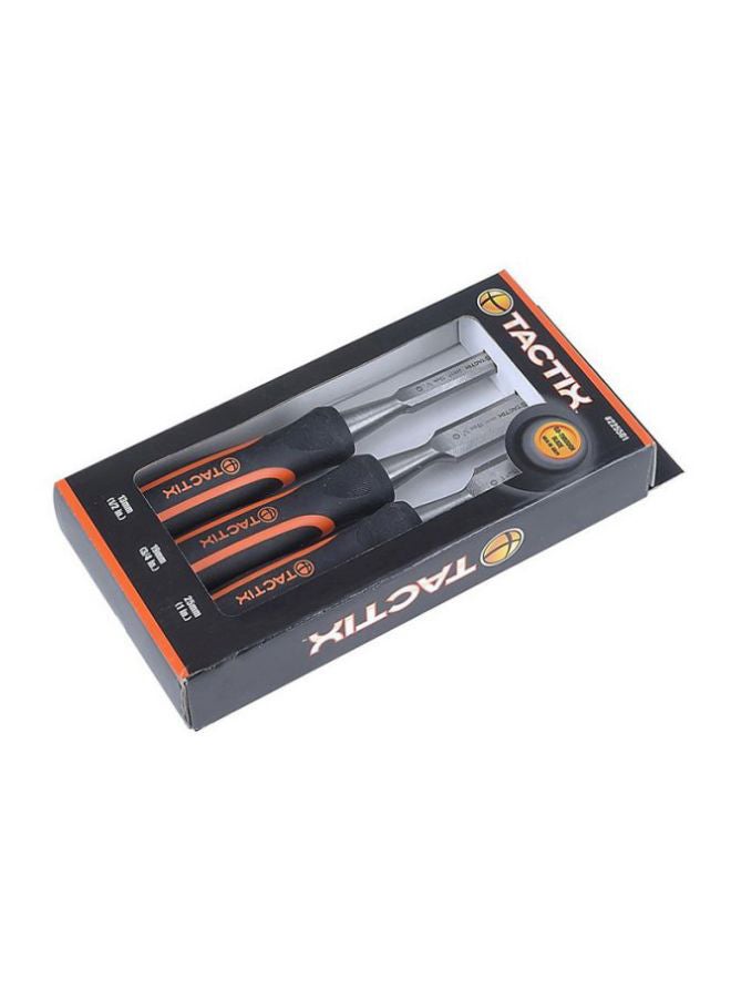 Tactix Tactix Chisel Wood 3 Piece Set - Chrome-Vanadium Steel Blades for Durability, Non-Slip Bi-Material Handle for Enhanced Grip, Includes 13, 19 and 25 mm Blades, Ideal for Woodworking- 225501 Black/Orange 