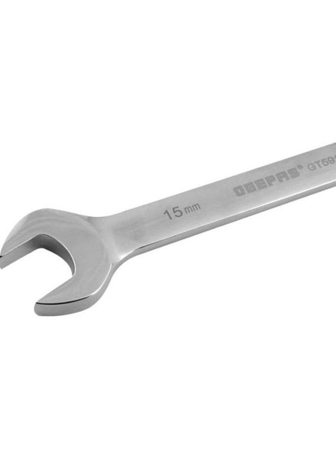 GEEPAS - 15mm Gear Wrench with Plastic Hanger - Part Ring/Open-Ended Spanner with Ratchet Function | CRV, Mirror Finish | Ideal for Mechanic, Plumbers, Carpenter, DIYers and More Silver - Image 1