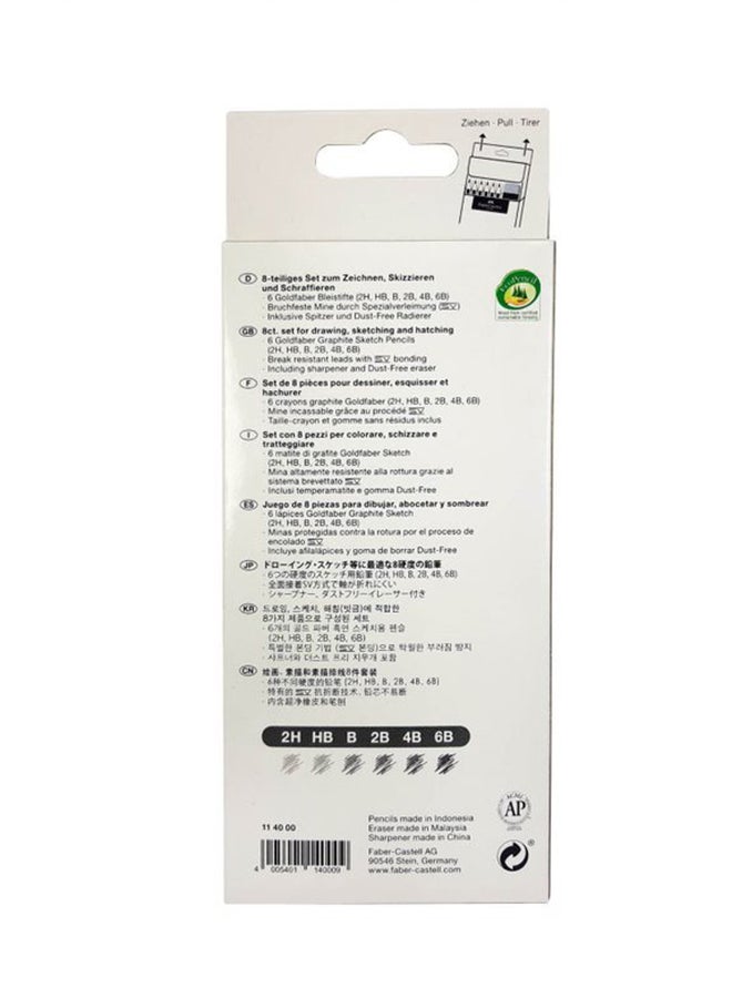 FABER-CASTELL - 8-Piece Graphite Sketch Set ( 6 Pencil + 1 Sharpener + 1 Eraser ) Grey/White/Black - Image 1