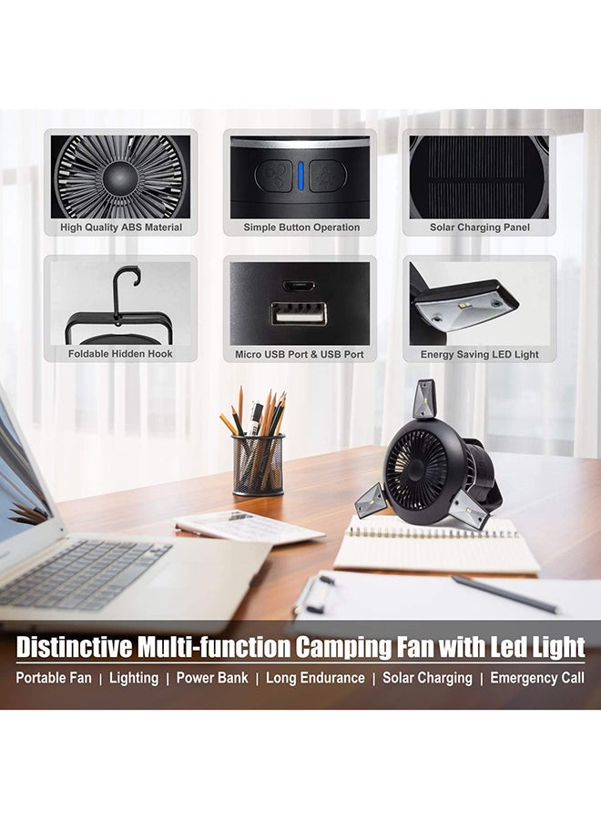 Solar Camping Fan With LED Lattern Black 15cm
