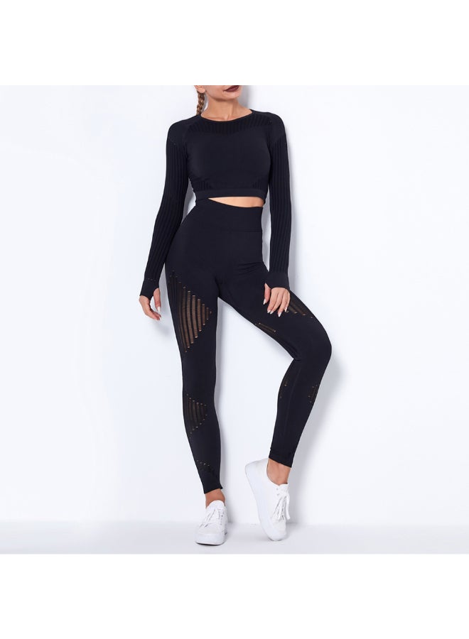 Hollow Out Crop Top And Leggings Set Black 