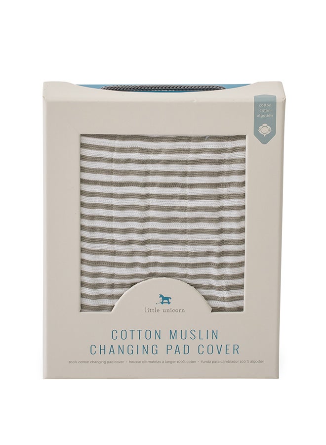 little unicorn - Cotton Muslin Changing Pad Cover With All Around Elastic  - Grey Stripe - Image 1