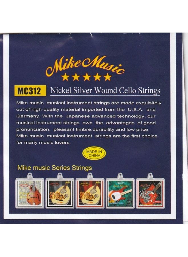 Mike Music - 4-Piece Cello Strings Set (A-D-G-C) Steel Rope Core For 4/4, 3/4, 1/4, 1/2 Sizes - Image 1