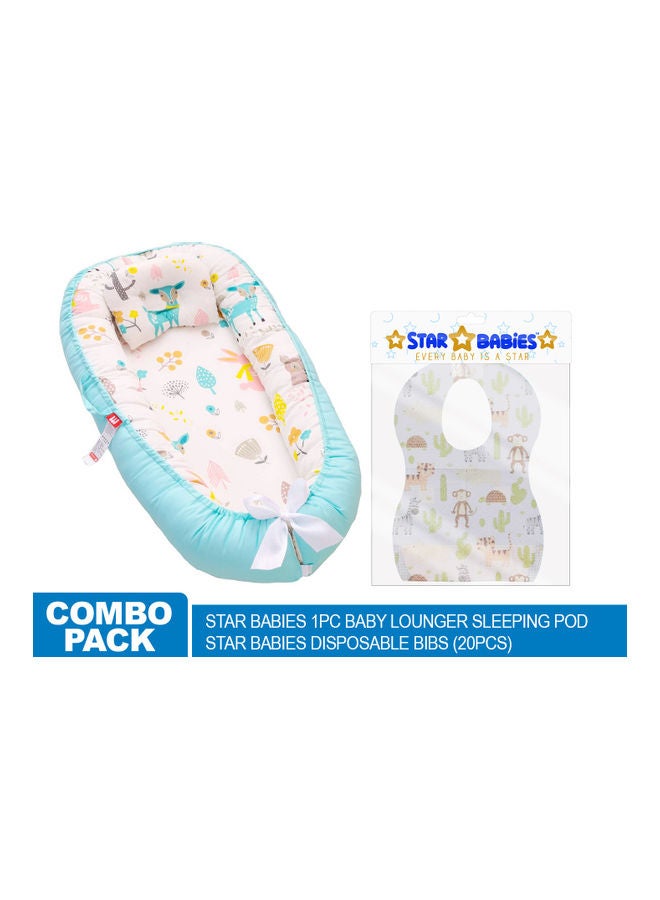ستار بيبيز Baby Lounger Sleeping Pod And 20-Pieces Disposable Bibs - Blue/White - Image 1