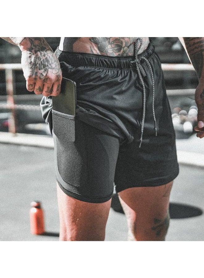 2-In-1 Compression Quick Dry Side Pocket Sportswear Shorts Black  - Image 2