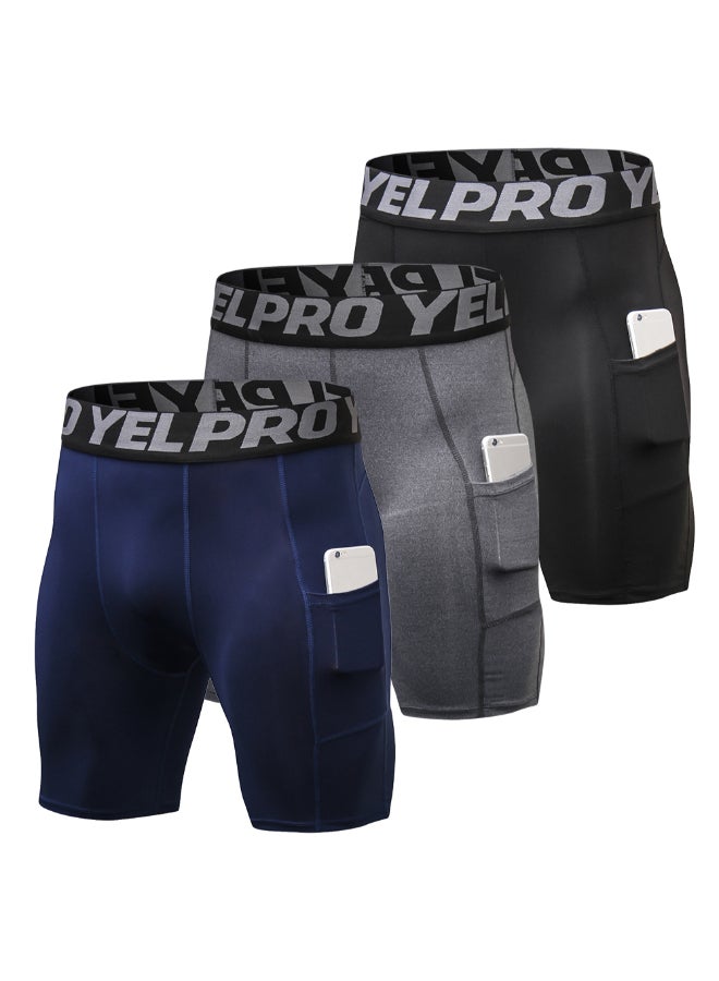 3-Piece Compression Side Pocket Workout Shorts Set Blue/Grey/Black - Image 1