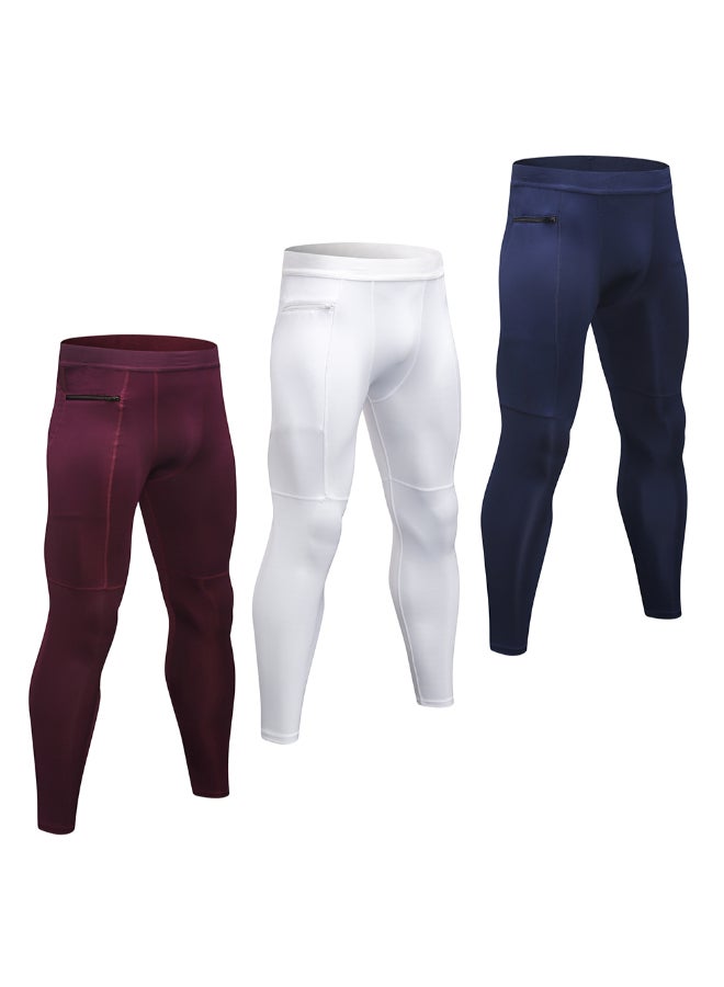 3-Piece Compression Quick Dry Zipper Pocket Workout Leggings Set White/Dark Blue/Burgundy - Image 1
