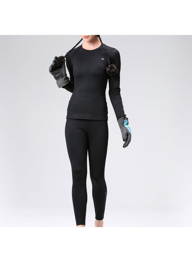 Winter Thermal Underwear Fleece Lining Top And Long John Pants Set Black 