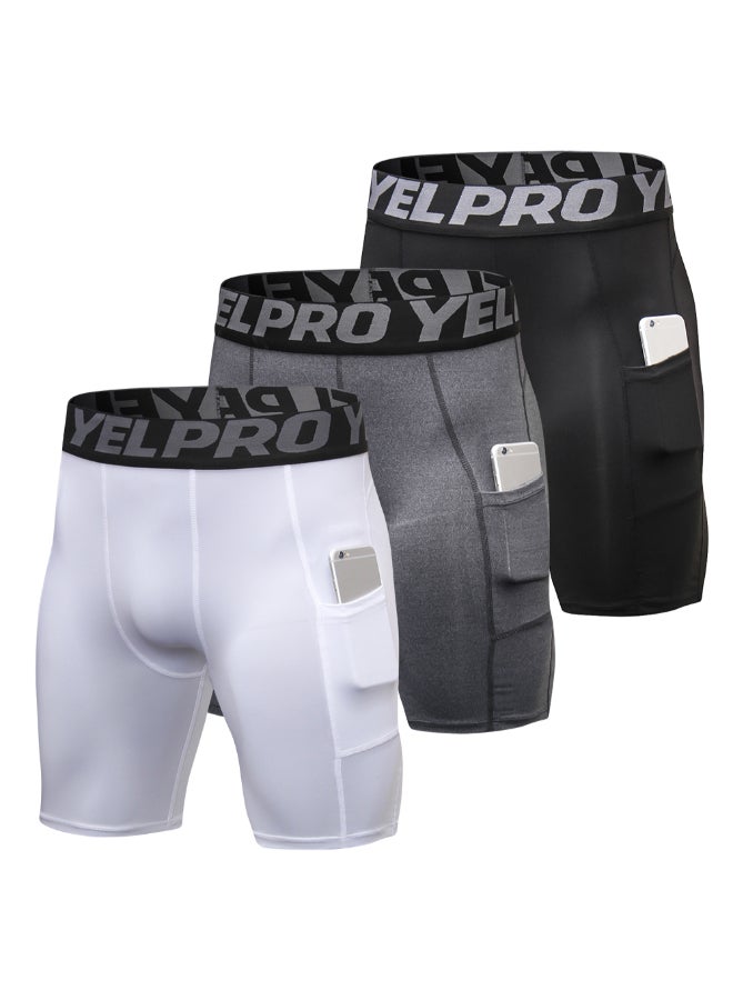3-Piece Compression Side Pocket Workout Shorts Set Black/Grey/White - Image 1