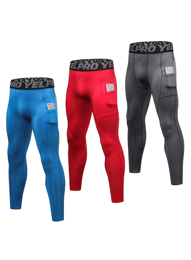 3-Piece Quick Dry Compression Sportswear Leggings Blue/Red /Grey  - Image 1