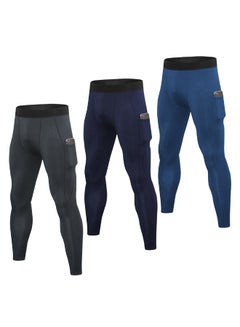 Generic 3-Piece Compression Side Pocket Sportswear Leggings Set Dark Grey/Dark Blue/Blue  - Image 1