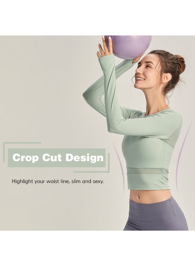 Mesh Splicing Long Sleeves Workout Crop T-Shirt Green - Image 3