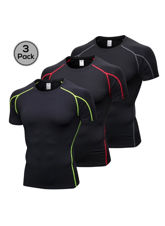 3-Piece Baselayer Quick Drying Sportswear T-Shirt Set Black/Red/Green - Image 1