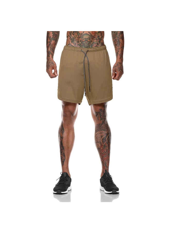 2-In-1 Compression Quick Dry Side Pocket Sportswear Shorts Brown - Image 1