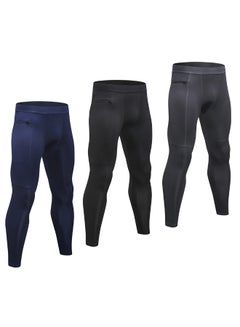 Generic 3-Piece Compression Quick Dry Zipper Pocket Workout Leggings Set Dark Blue/Grey/Black  - Image 1