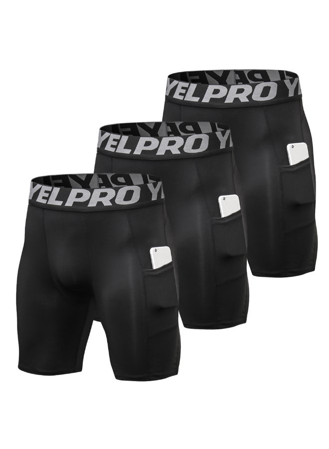 3-Piece Compression Side Pocket Workout Shorts Set Pitch Black - Image 1