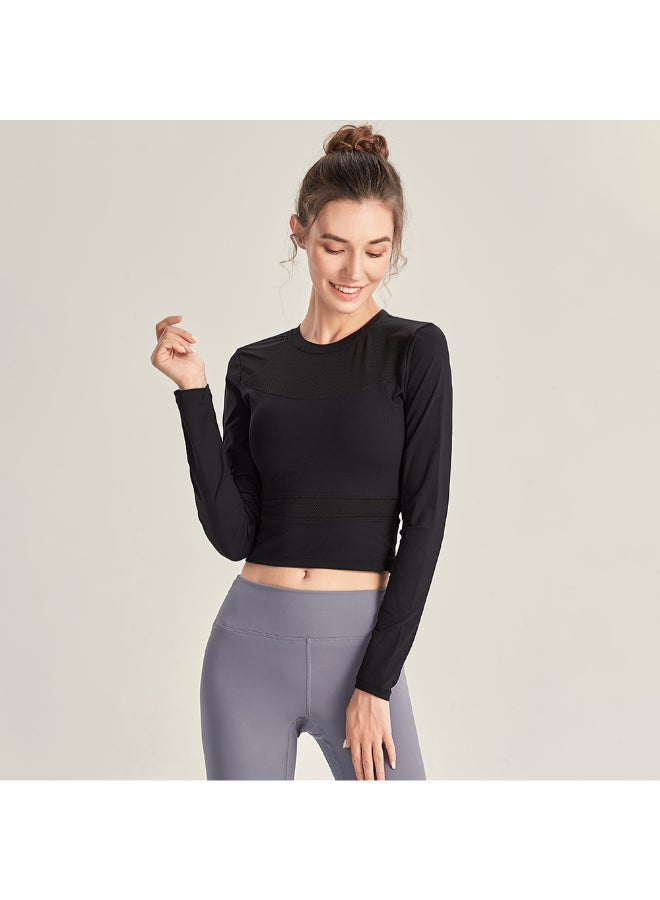 Mesh Splicing Long Sleeves Workout Crop T-Shirt Black - Image 1