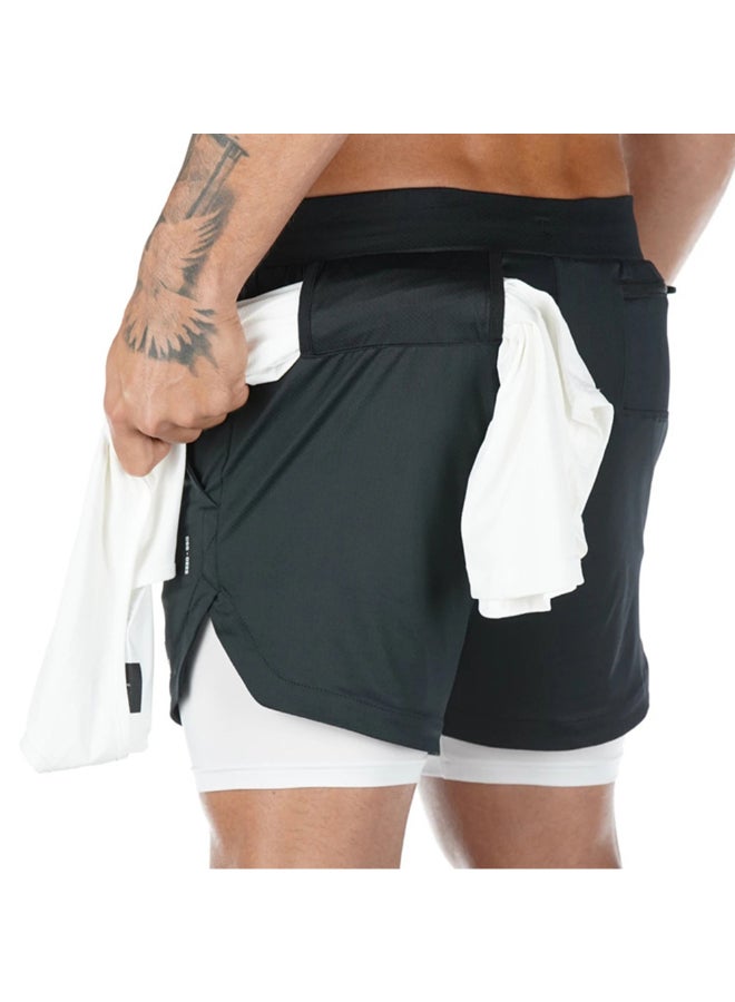 Elastic Waist Side Pocket Sportswear Shorts Black/White - Image 1