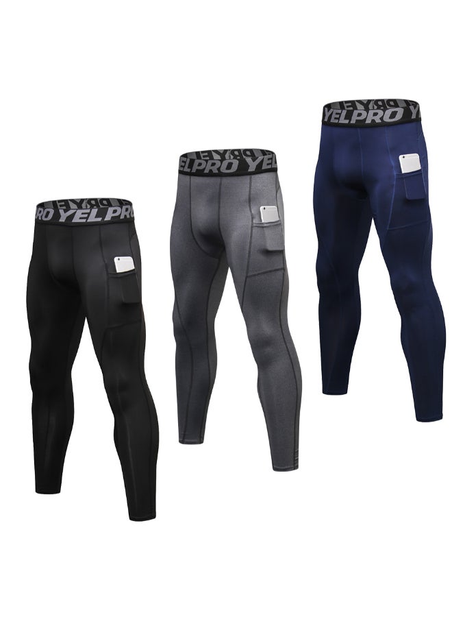 3-Piece Quick Dry Compression Sportswear Leggings Black/Grey/Dark Blue  - Image 1