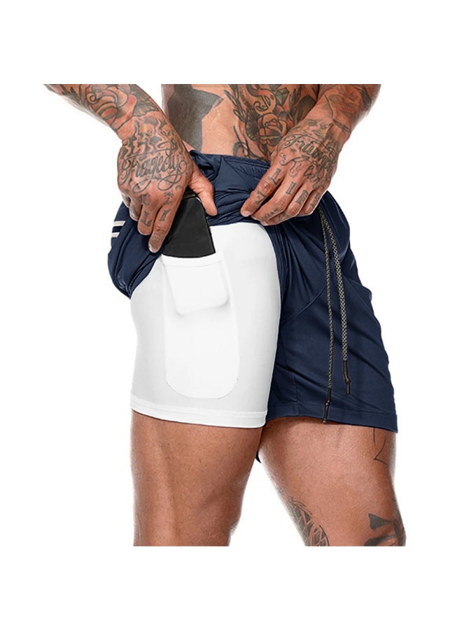 2-In-1 Compression Quick Dry Side Pocket Sportswear Shorts Dark Blue