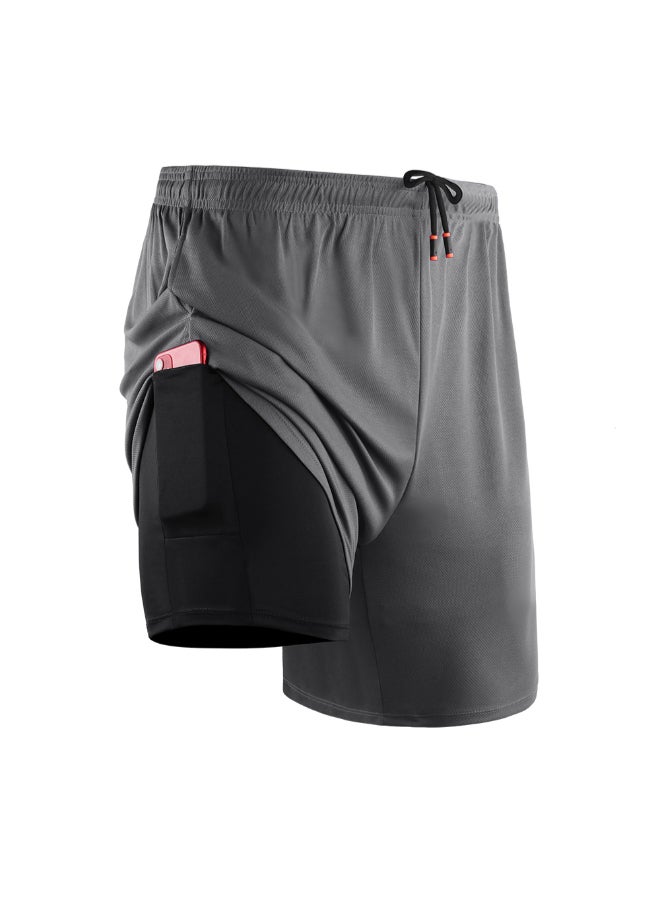 2-In-1 Compression Quick Dry Side Pocket Sportswear Shorts Grey - Image 2