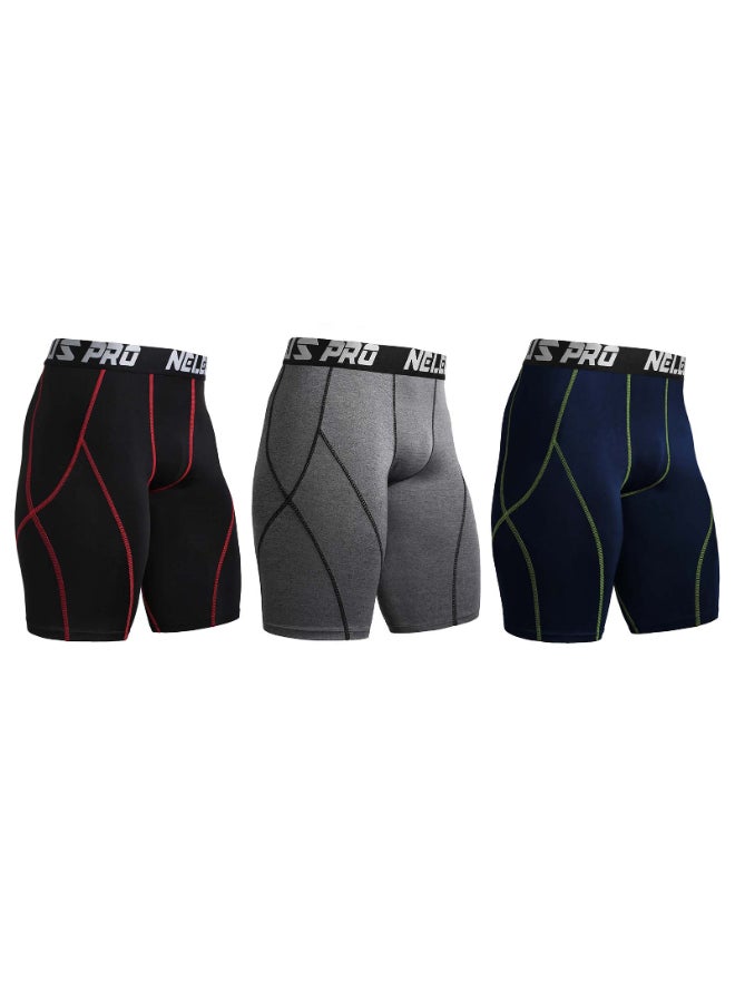 3-Piece Compression Quick Drying Workout Shorts Set Grey/Blue/Black - Image 1
