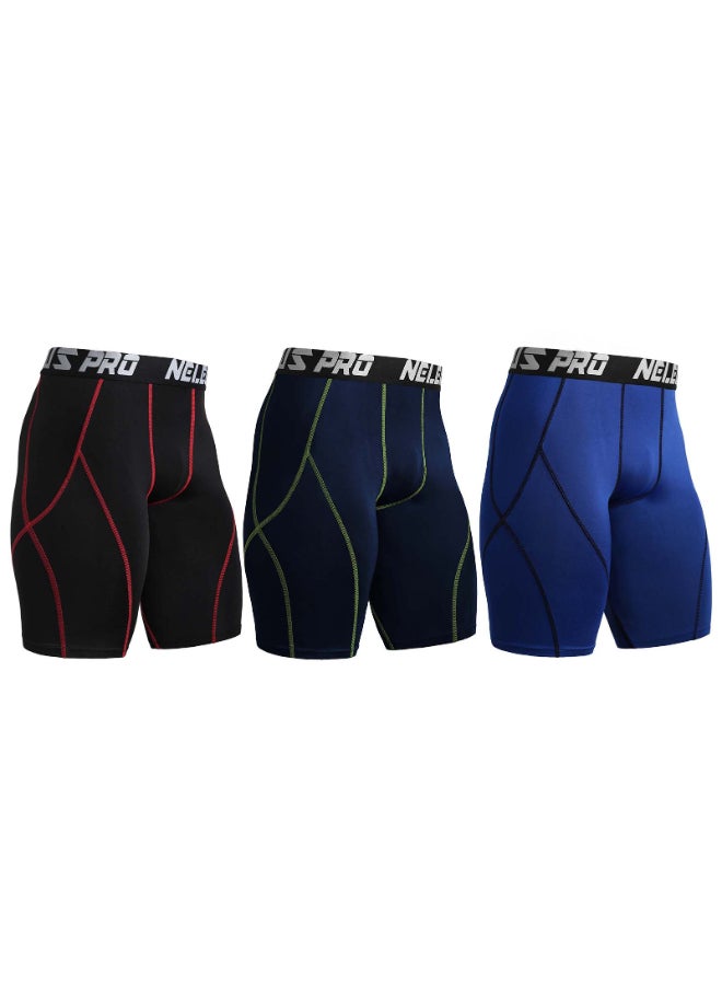 3-Piece Compression Quick Drying Workout Shorts Set Black/Marron/Deep Blue - Image 1