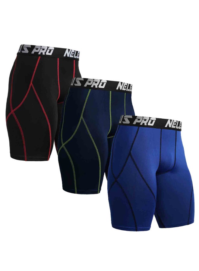 3-Piece Compression Quick Drying Workout Shorts Set Black/Marron/Deep Blue - Image 3
