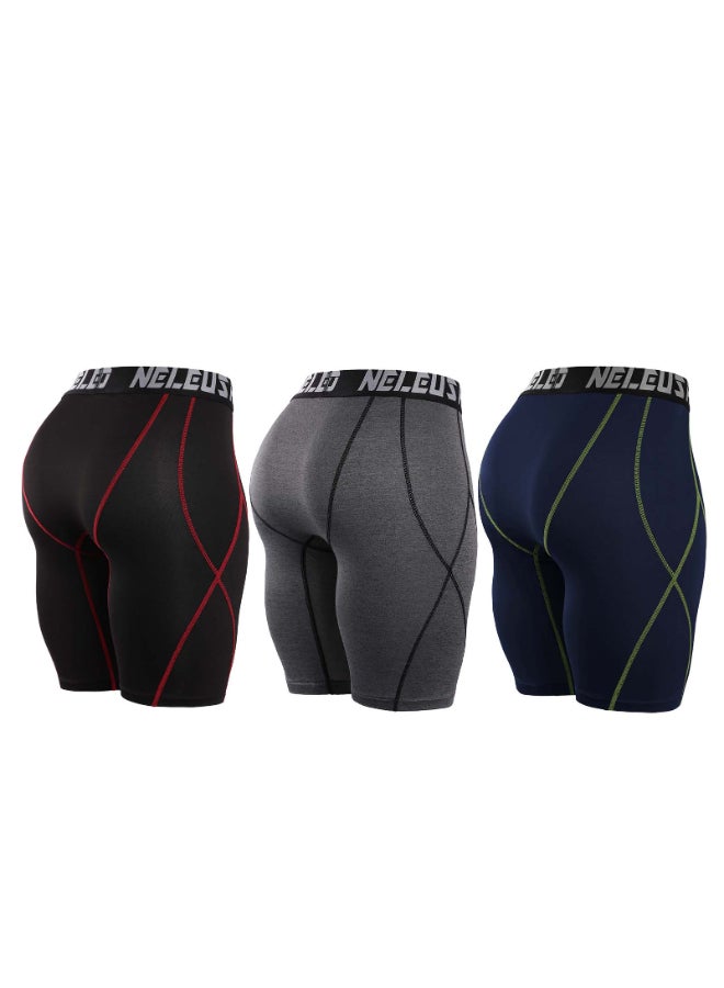 3-Piece Compression Quick Drying Workout Shorts Set Grey/Blue/Black - Image 2