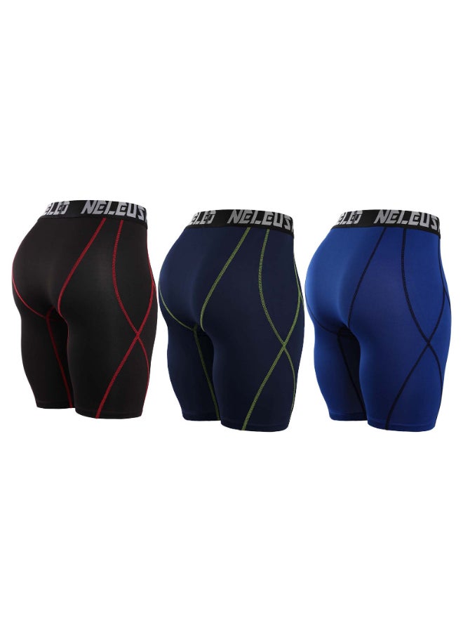 3-Piece Compression Quick Drying Workout Shorts Set Black/Marron/Deep Blue - Image 2