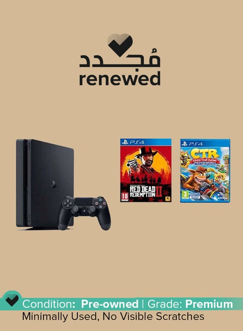 مُجدد - جهاز ألعاب بلايستيشن 4 سليم بذاكرة سعة 500 جيجابايت مع لعبتين (لعبة ''CTR:Crash Team Racing'' ولعبة ''Red Dead Red emption II'')