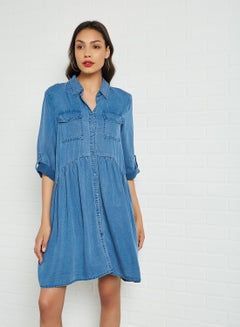 Gather Detailed Dress Medium Blue Denim