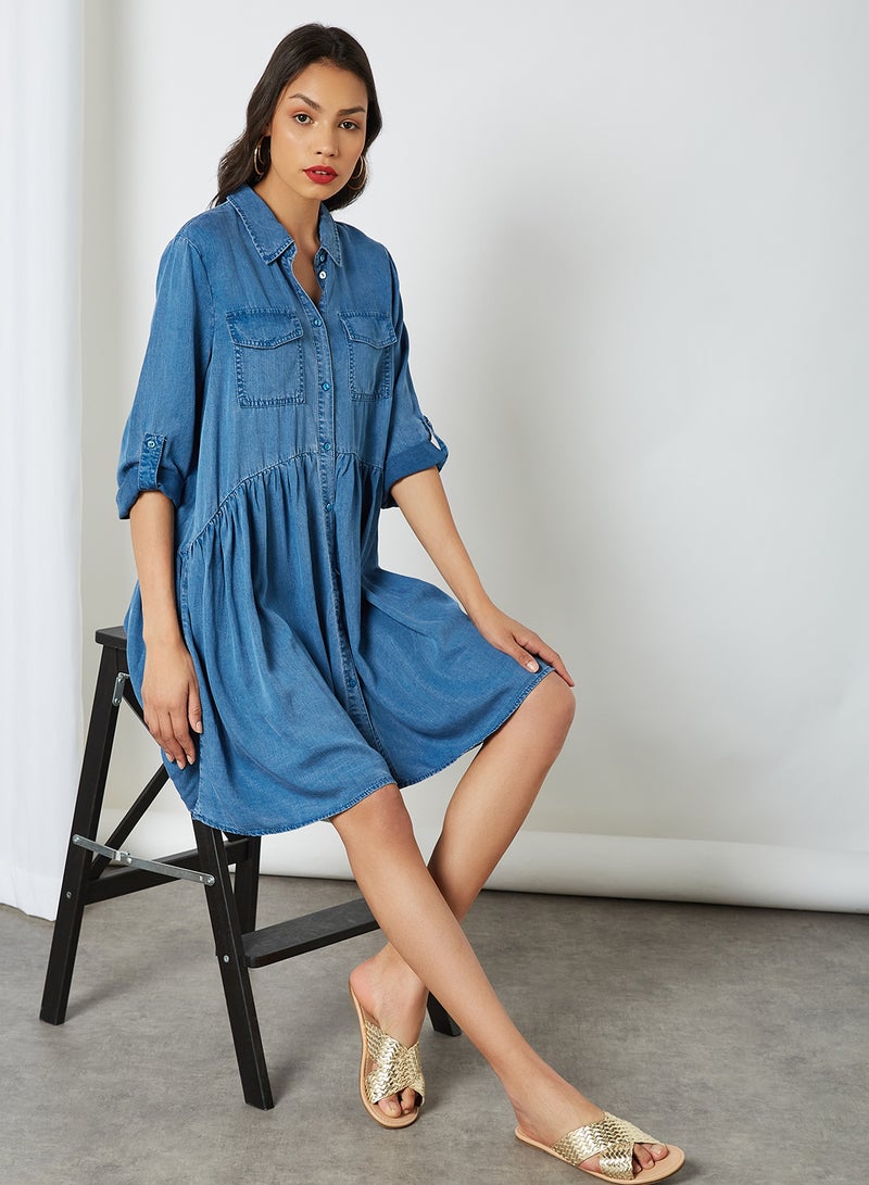 ONLY - Gather Detailed Dress Medium Blue Denim - Image 1
