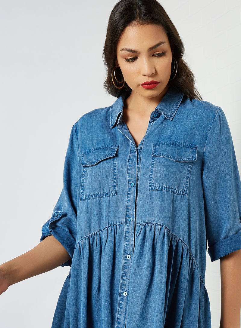 ONLY - Gather Detailed Dress Medium Blue Denim - Image 1