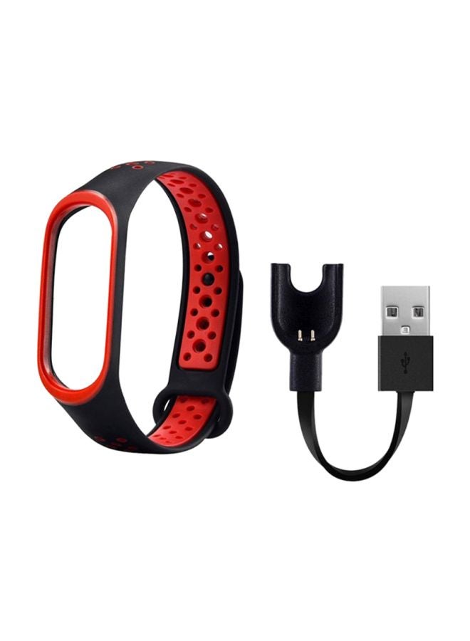 MARGOUN Replacement Strap For Xiaomi Mi Band 3 With USB Charger Cable Black/Red - Image 1