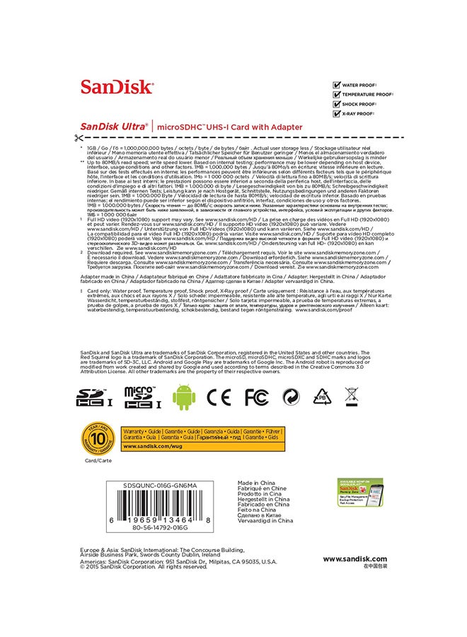 Sandisk - Ultra UHS-I MicroSDHC Card With Adapter Red/Black/Grey - Image 1