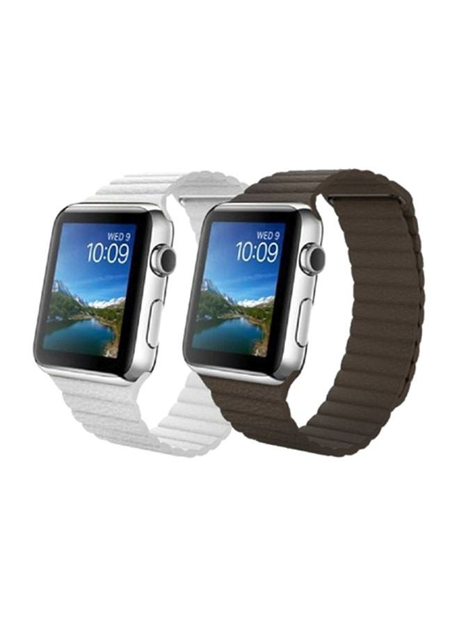 MARGOUN 2-Piece Leather Replacement Band Set For Apple Watch 42/44/45mm Brown/White - Image 1