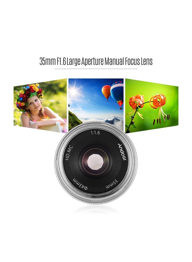 ANDOER 35mm F1.6 Manual Focus Large Aperture Mirrorless E-Mount Camera Lens 3.5cm Silver  - Image 5