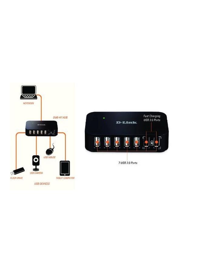 D-Link - DUB-H7 7-Port High-Speed USB 2.0 Hub, Plug and Play, Fast Quick Charging Port, Compatible with Windows/Mac/Linux, Fast Charging USB HUB, DUB-H7 Black - Image 1