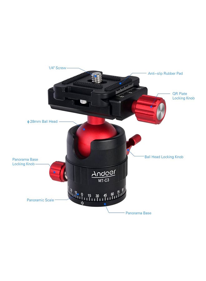 ANDOER MT-C3 Compact Size Panoramic Tripod Ball Head Adapter 360° Rotation Aluminium Alloy With Quick Release Plate Black/Red/Silver  - Image 2